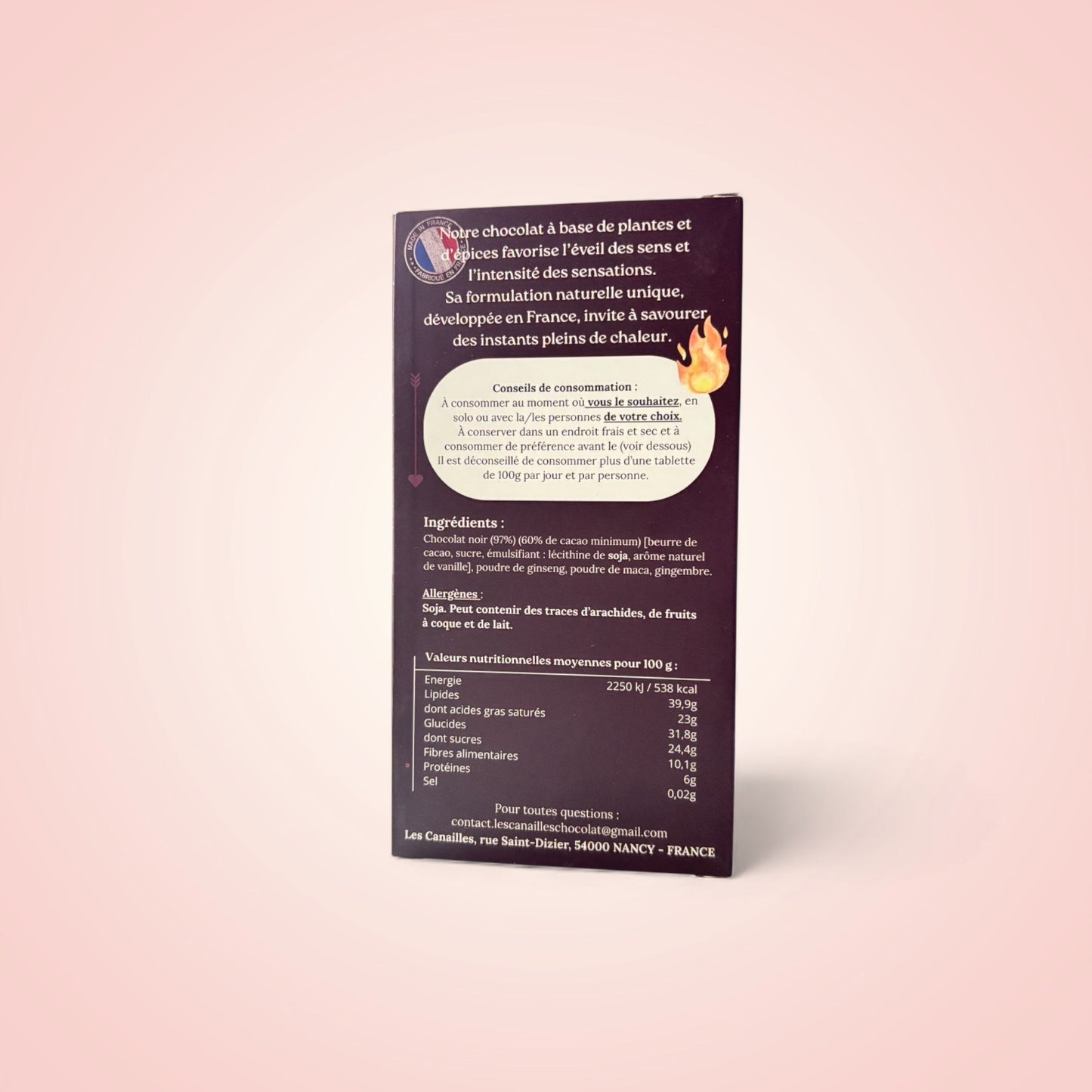 Tablette de chocolat noir aphrodisiaque Les Canailles